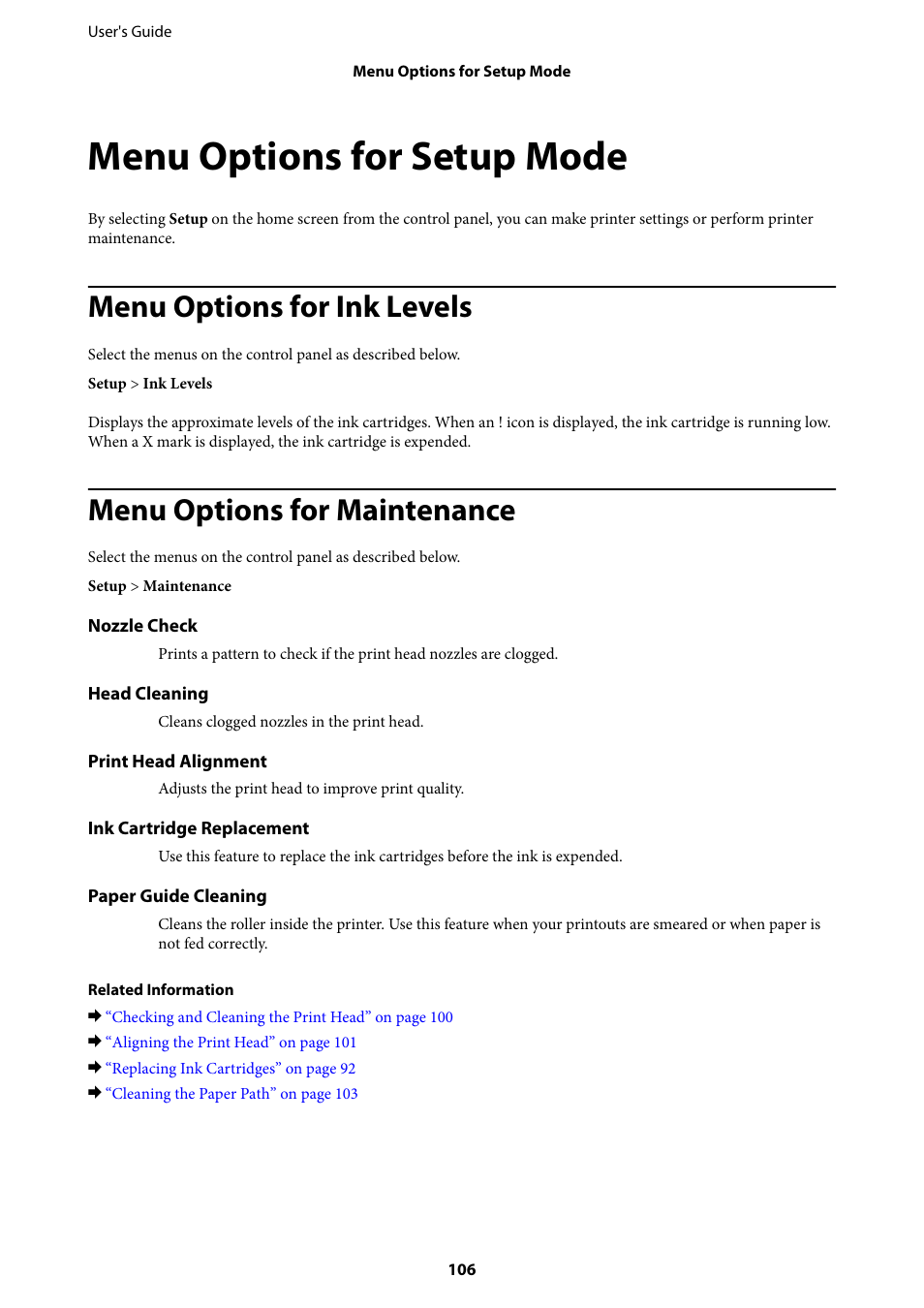 Menu options for setup mode, Menu options for ink levels, Menu options for maintenance | Epson Expression Home XP-342 User Manual | Page 106 / 162