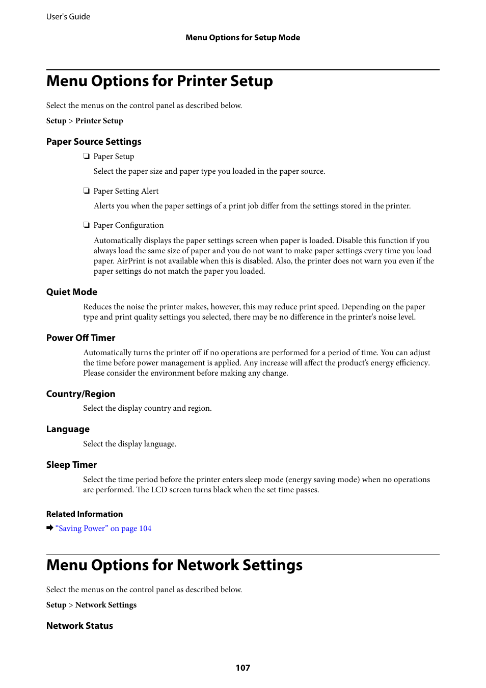 Menu options for printer setup, Menu options for network settings | Epson Expression Home XP-342 User Manual | Page 107 / 162
