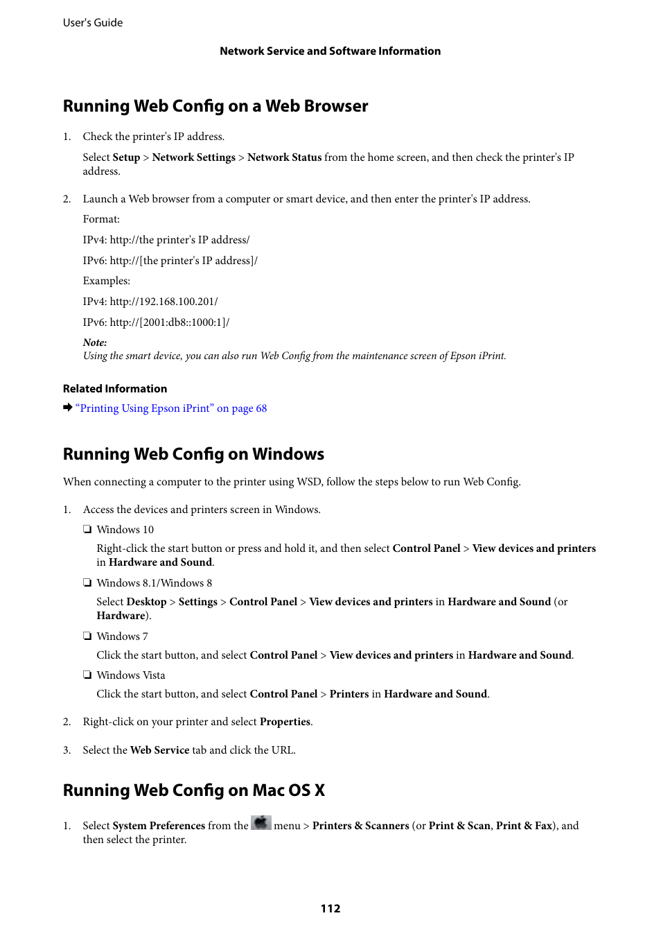 Running web config on a web browser, Running web config on windows, Running web config on mac os x | Epson Expression Home XP-342 User Manual | Page 112 / 162