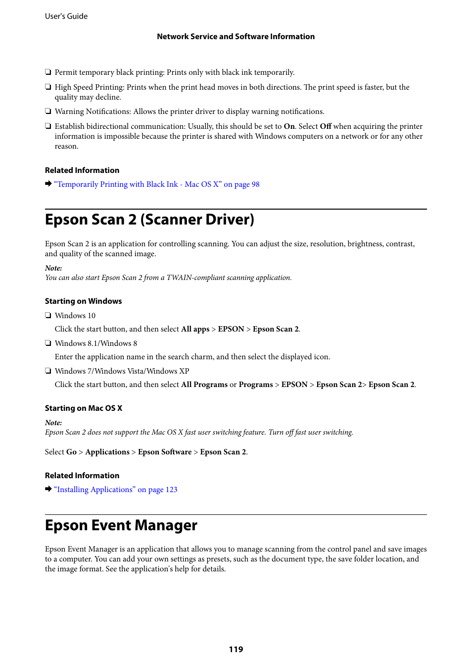 Epson scan 2 (scanner driver), Epson event manager | Epson Expression Home XP-342 User Manual | Page 119 / 162