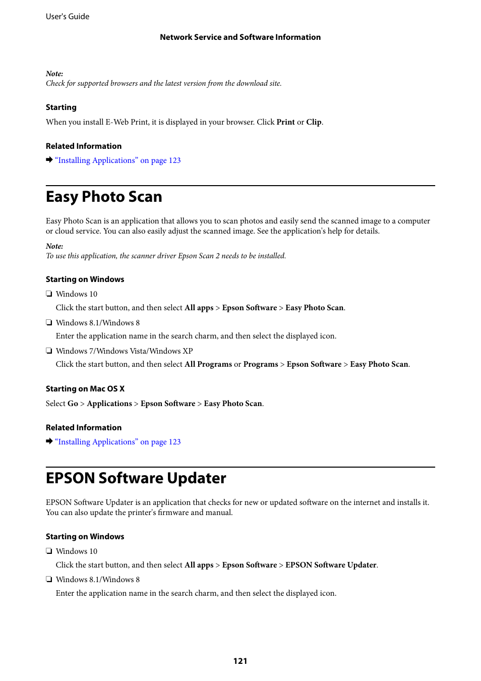 Easy photo scan, Epson software updater | Epson Expression Home XP-342 User Manual | Page 121 / 162