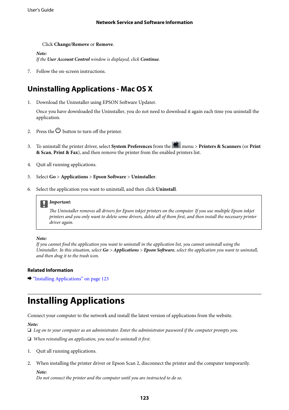 Uninstalling applications - mac os x, Installing applications | Epson Expression Home XP-342 User Manual | Page 123 / 162