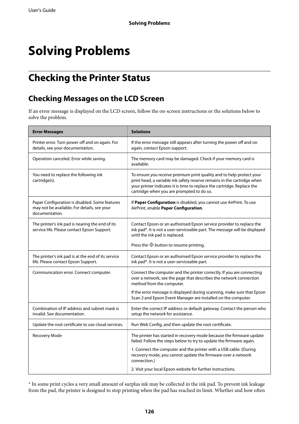 Solving problems, Checking the printer status, Checking messages on the lcd screen | Epson Expression Home XP-342 User Manual | Page 126 / 162