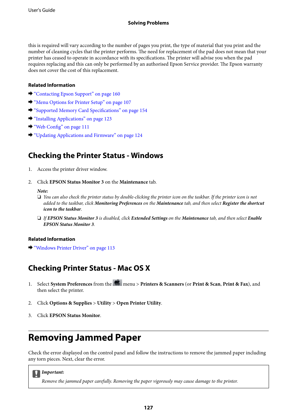 Checking the printer status - windows, Checking printer status - mac os x, Removing jammed paper | Epson Expression Home XP-342 User Manual | Page 127 / 162