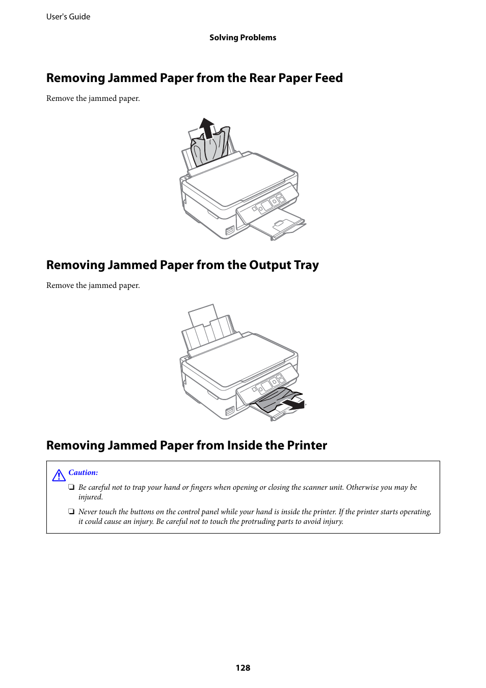 Removing jammed paper from the rear paper feed, Removing jammed paper from the output tray, Removing jammed paper from inside the printer | Epson Expression Home XP-342 User Manual | Page 128 / 162