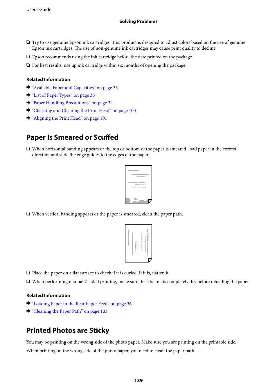 Paper is smeared or scuffed, Printed photos are sticky | Epson Expression Home XP-342 User Manual | Page 139 / 162