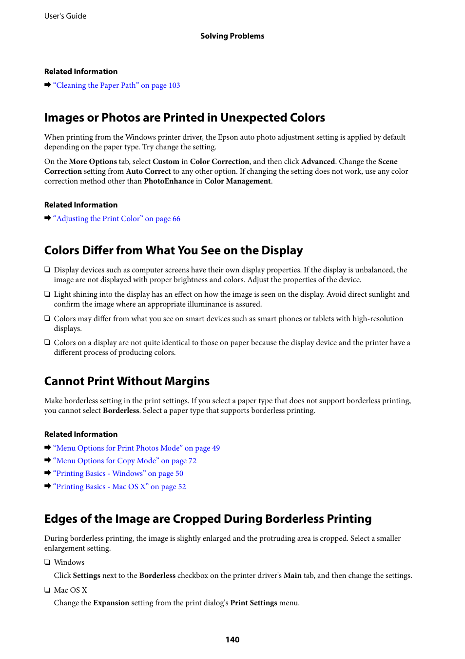 Images or photos are printed in unexpected colors, Colors differ from what you see on the display, Cannot print without margins | Epson Expression Home XP-342 User Manual | Page 140 / 162