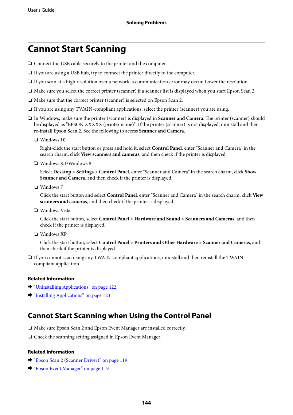 Cannot start scanning, Cannot start scanning when using the control panel | Epson Expression Home XP-342 User Manual | Page 144 / 162