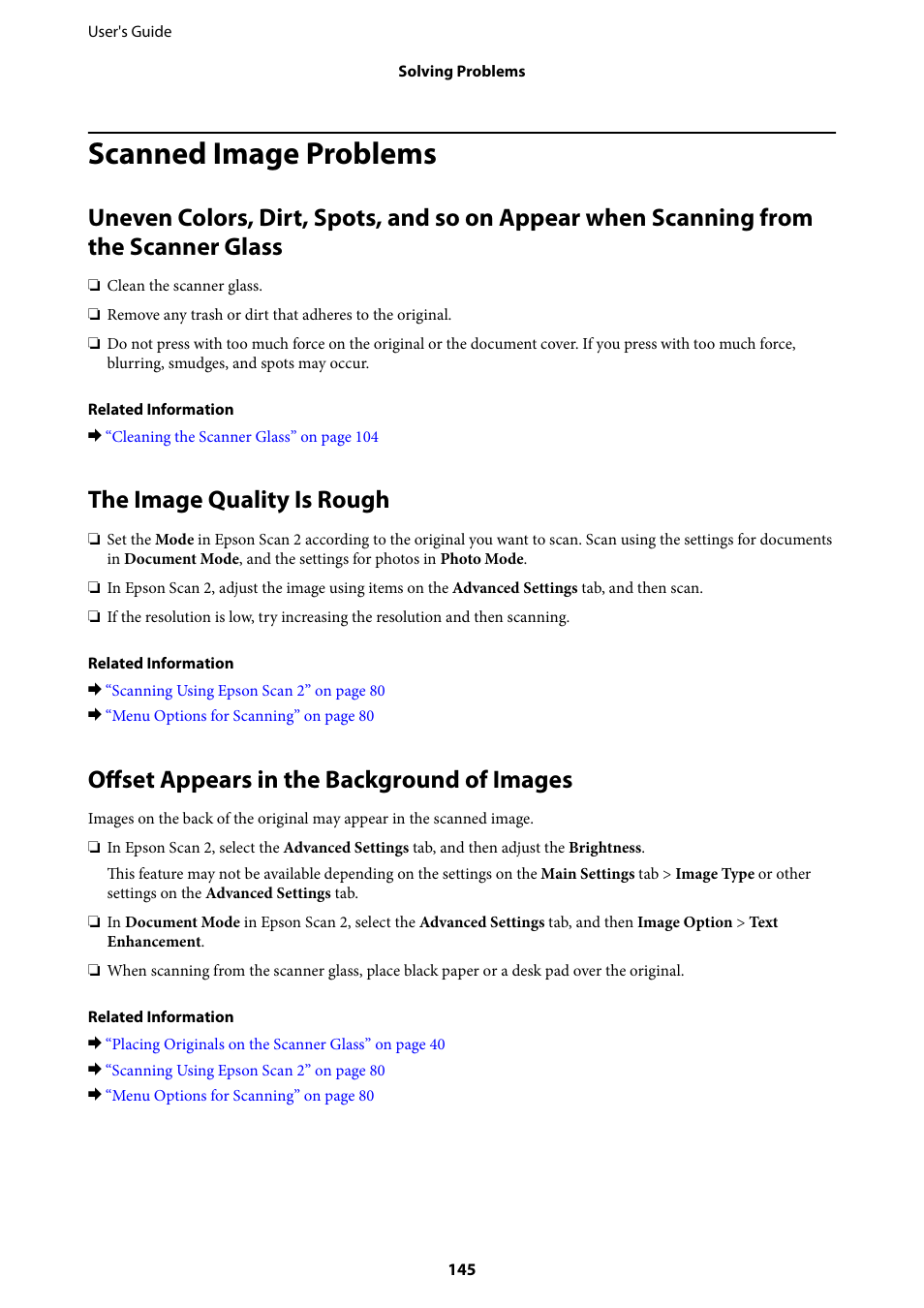 Scanned image problems, The image quality is rough, Offset appears in the background of images | Epson Expression Home XP-342 User Manual | Page 145 / 162