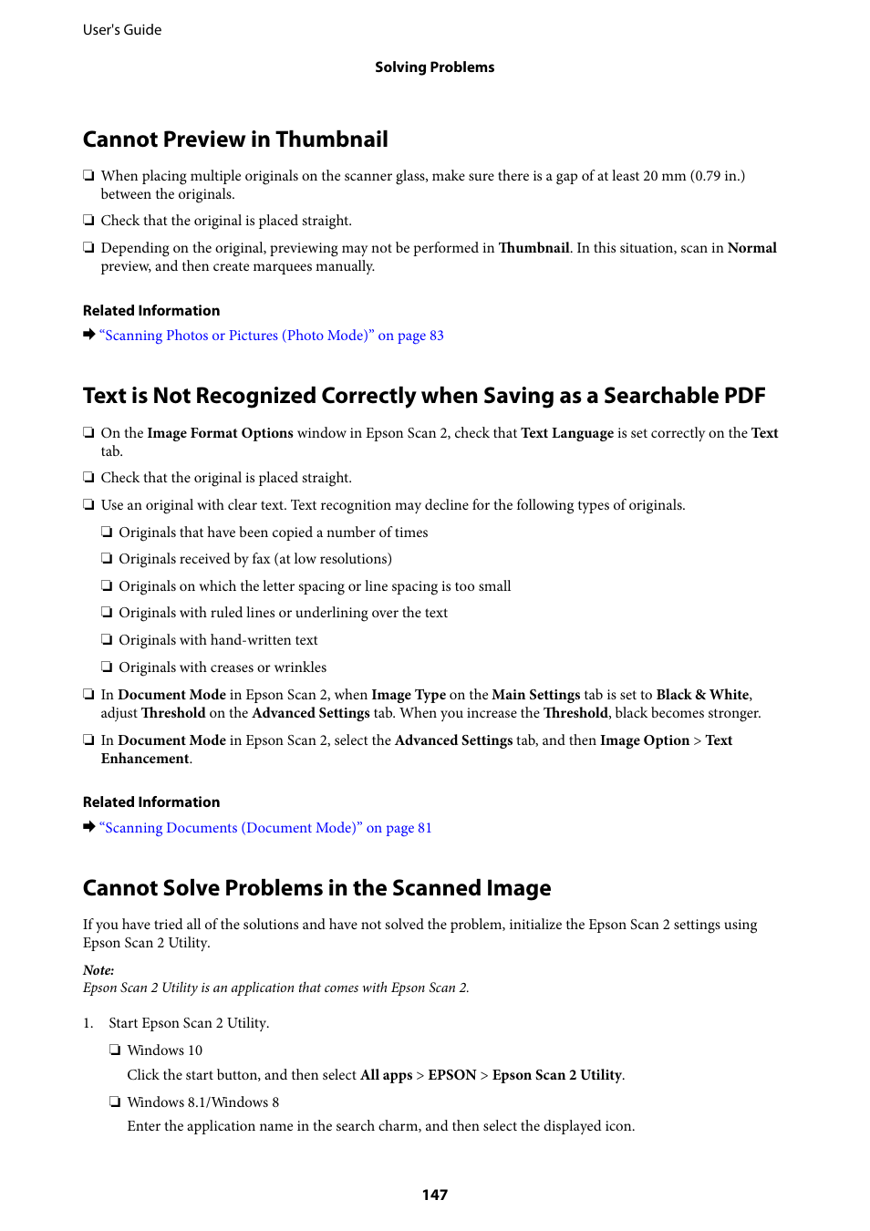 Cannot preview in thumbnail, Cannot solve problems in the scanned image | Epson Expression Home XP-342 User Manual | Page 147 / 162