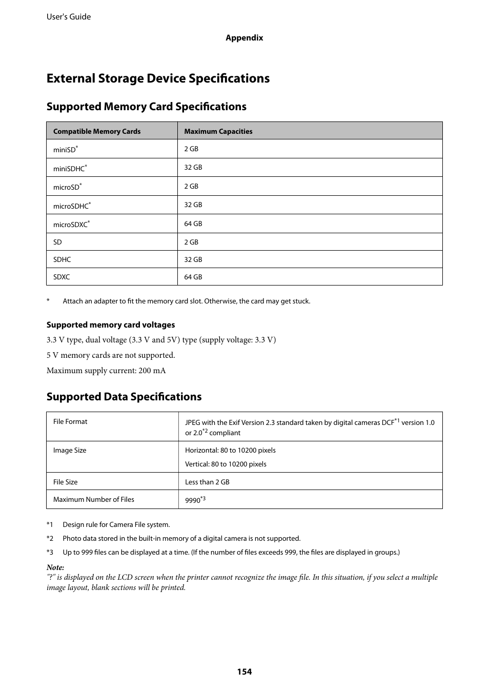 External storage device specifications, Supported data specifications | Epson Expression Home XP-342 User Manual | Page 154 / 162