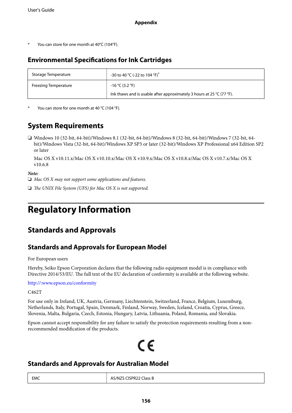 System requirements, Regulatory information, Standards and approvals | Environmental specifications for ink cartridges, Standards and approvals for european model, Standards and approvals for australian model | Epson Expression Home XP-342 User Manual | Page 156 / 162
