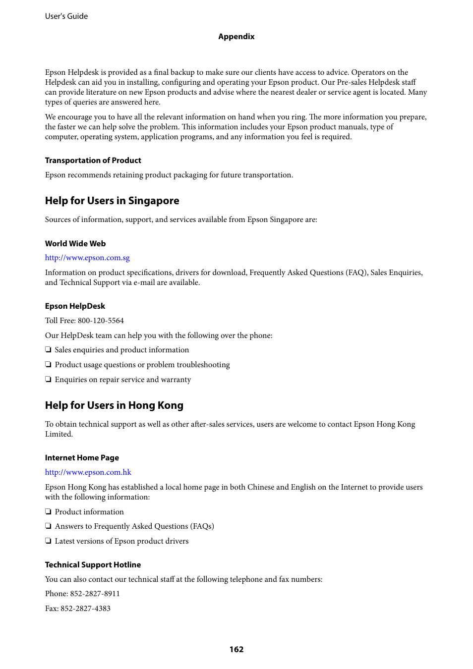 Help for users in singapore, Help for users in hong kong | Epson Expression Home XP-342 User Manual | Page 162 / 162