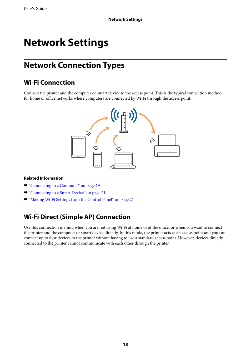 Network settings, Network connection types, Wi-fi connection | Wi-fi direct (simple ap) connection | Epson Expression Home XP-342 User Manual | Page 18 / 162