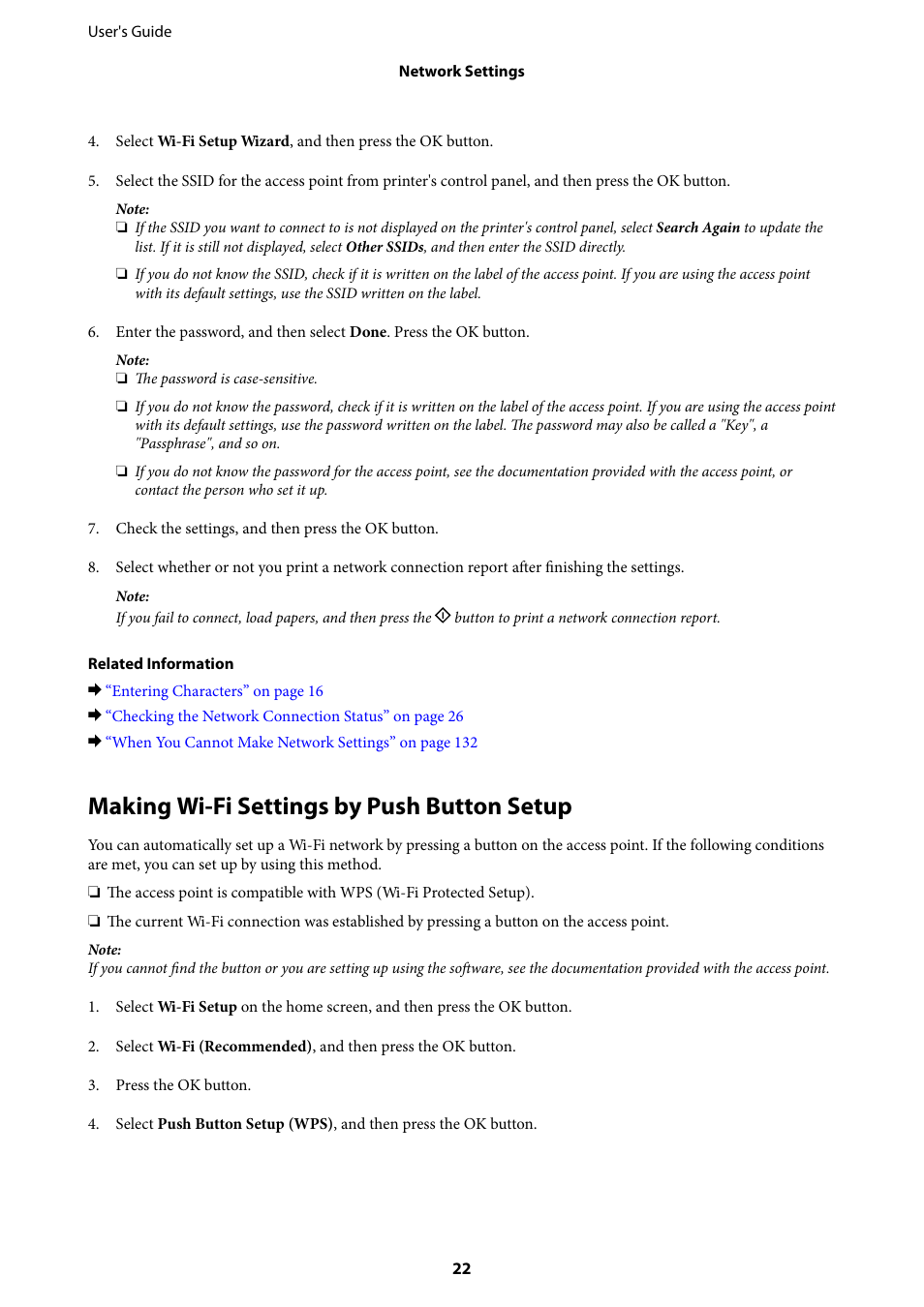Making wi-fi settings by push button setup | Epson Expression Home XP-342 User Manual | Page 22 / 162