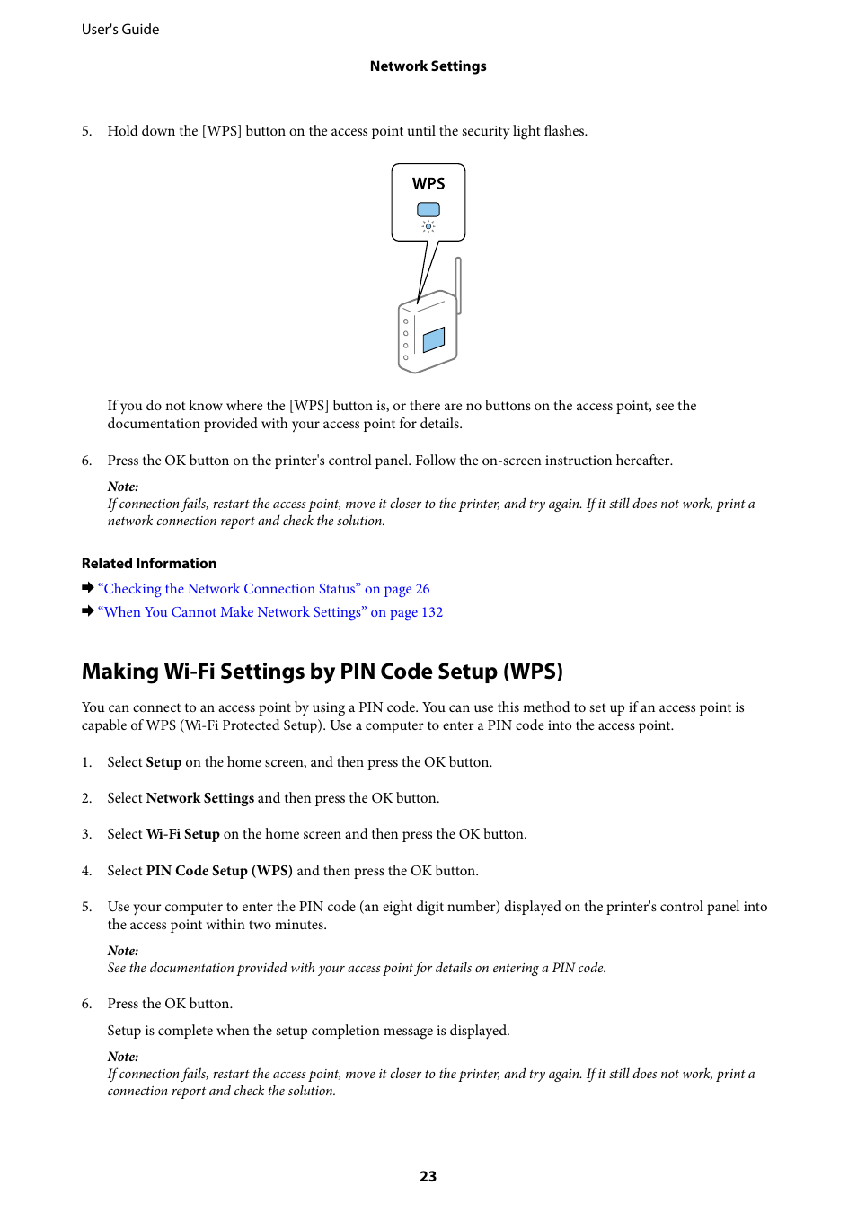 Making wi-fi settings by pin code setup (wps) | Epson Expression Home XP-342 User Manual | Page 23 / 162