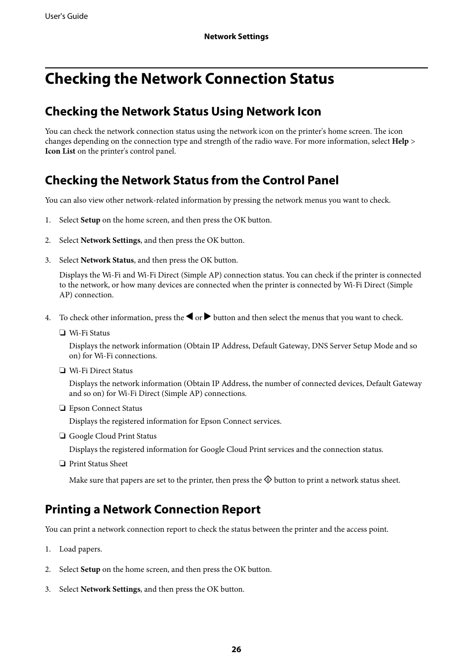 Checking the network connection status, Checking the network status using network icon, Checking the network status from the control panel | Printing a network connection report | Epson Expression Home XP-342 User Manual | Page 26 / 162