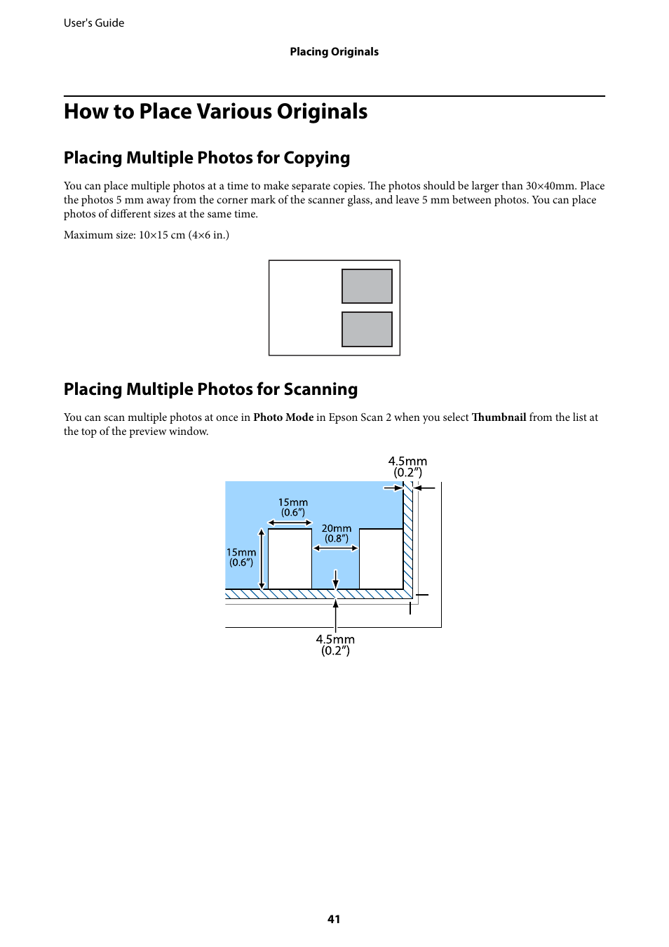 How to place various originals, Placing multiple photos for copying, Placing multiple photos for scanning | Epson Expression Home XP-342 User Manual | Page 41 / 162
