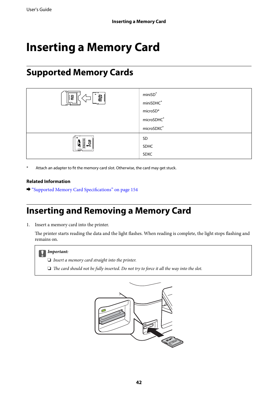 Inserting a memory card, Supported memory cards, Inserting and removing a memory card | Epson Expression Home XP-342 User Manual | Page 42 / 162