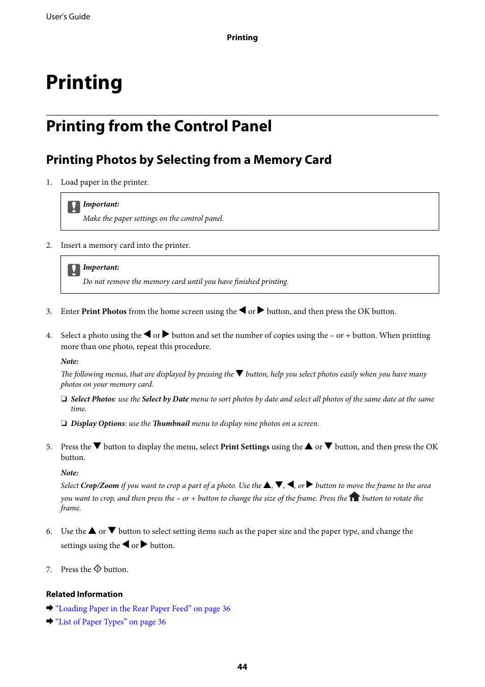 Printing, Printing from the control panel, Printing photos by selecting from a memory card | Epson Expression Home XP-342 User Manual | Page 44 / 162