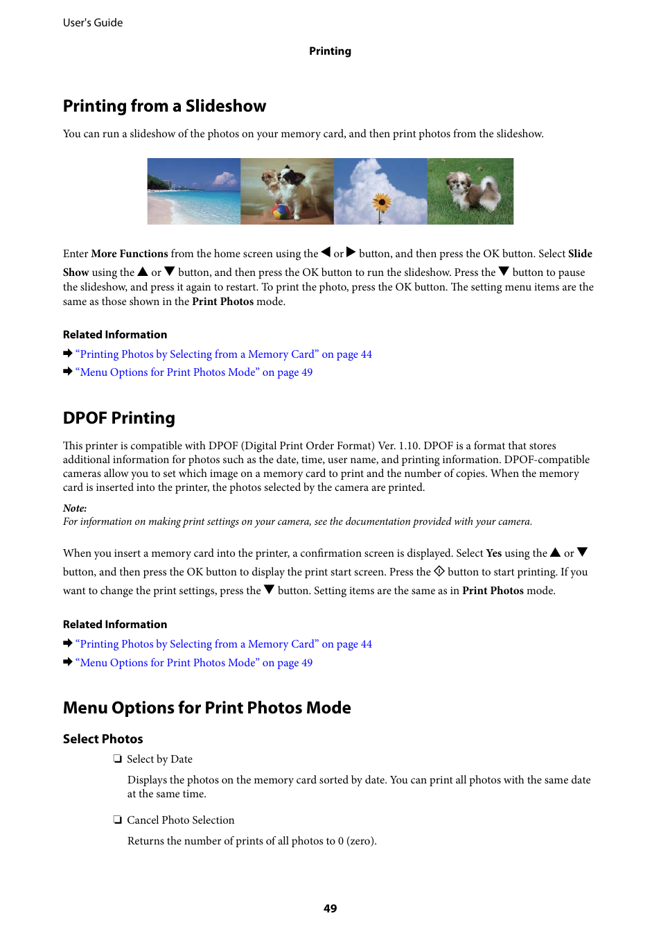 Printing from a slideshow, Dpof printing, Menu options for print photos mode | Epson Expression Home XP-342 User Manual | Page 49 / 162