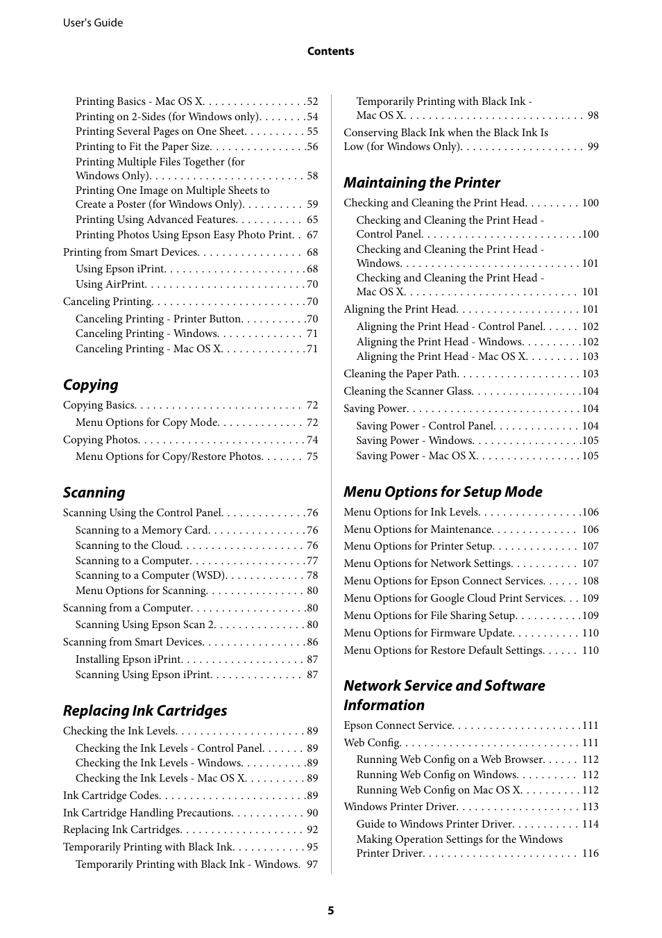 Copying, Scanning, Replacing ink cartridges | Maintaining the printer, Menu options for setup mode, Network service and software information | Epson Expression Home XP-342 User Manual | Page 5 / 162