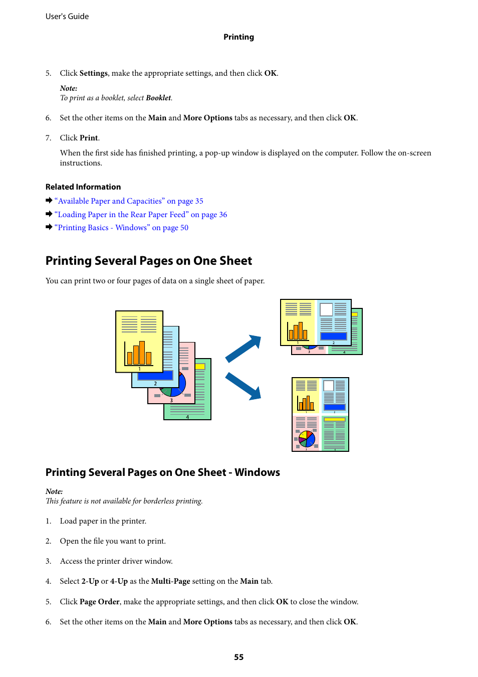 Printing several pages on one sheet, Printing several pages on one sheet - windows | Epson Expression Home XP-342 User Manual | Page 55 / 162