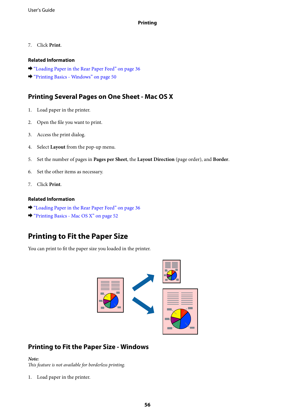 Printing to fit the paper size, Printing several pages on one sheet - mac os x, Printing to fit the paper size - windows | Epson Expression Home XP-342 User Manual | Page 56 / 162