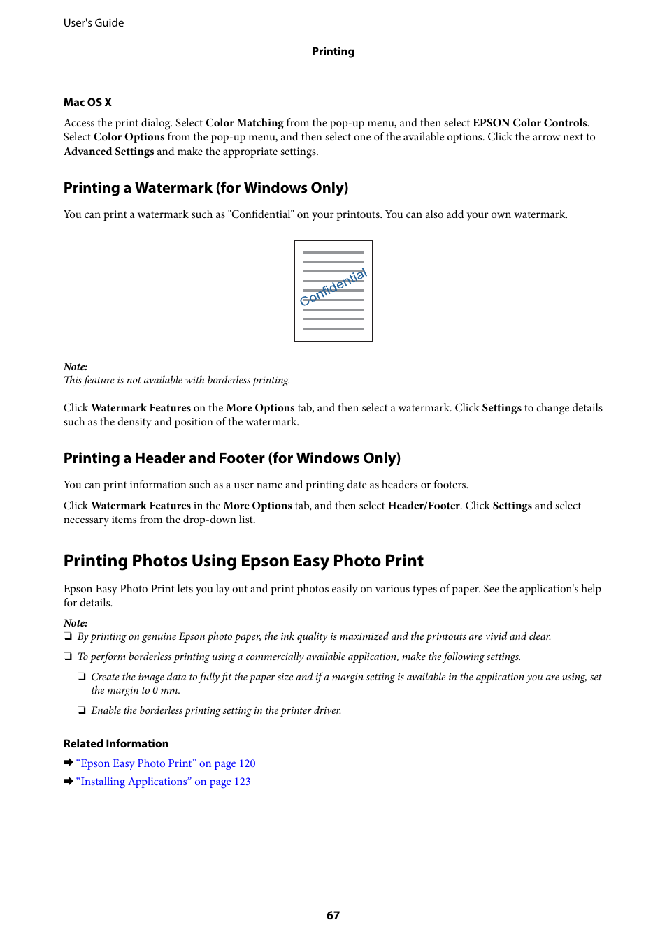 Printing photos using epson easy photo print, Printing a watermark (for windows only), Printing a header and footer (for windows only) | Epson Expression Home XP-342 User Manual | Page 67 / 162