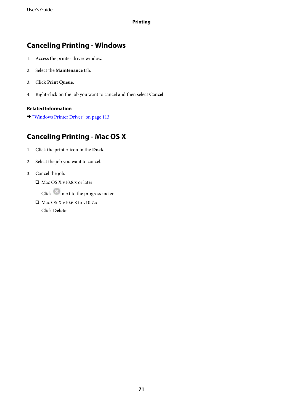 Canceling printing - windows, Canceling printing - mac os x | Epson Expression Home XP-342 User Manual | Page 71 / 162