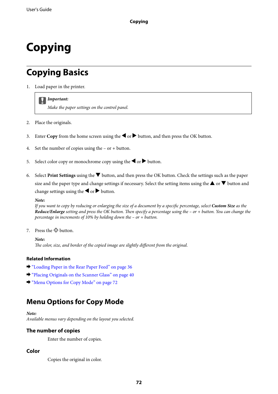 Copying, Copying basics, Menu options for copy mode | Epson Expression Home XP-342 User Manual | Page 72 / 162
