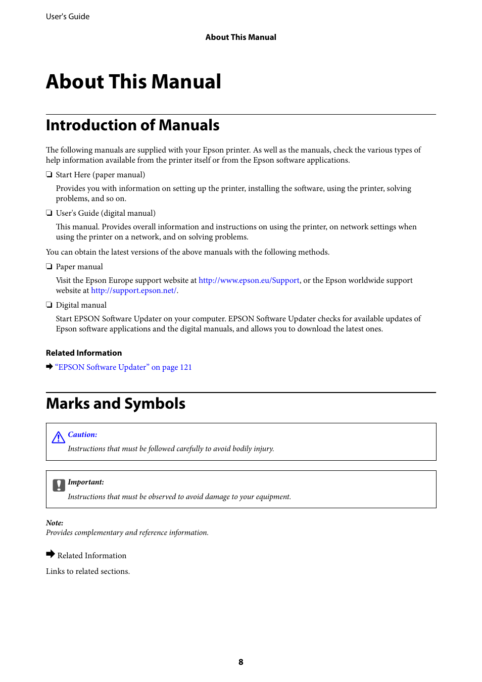 About this manual, Introduction of manuals, Marks and symbols | Epson Expression Home XP-342 User Manual | Page 8 / 162