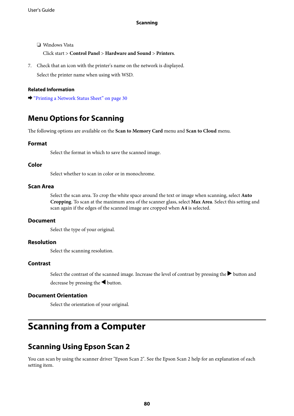 Menu options for scanning, Scanning from a computer, Scanning using epson scan 2 | Epson Expression Home XP-342 User Manual | Page 80 / 162
