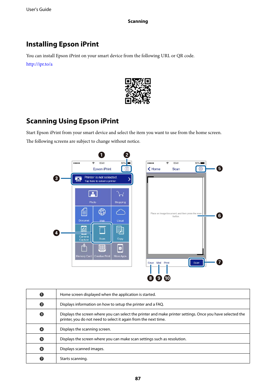 Installing epson iprint, Scanning using epson iprint | Epson Expression Home XP-342 User Manual | Page 87 / 162