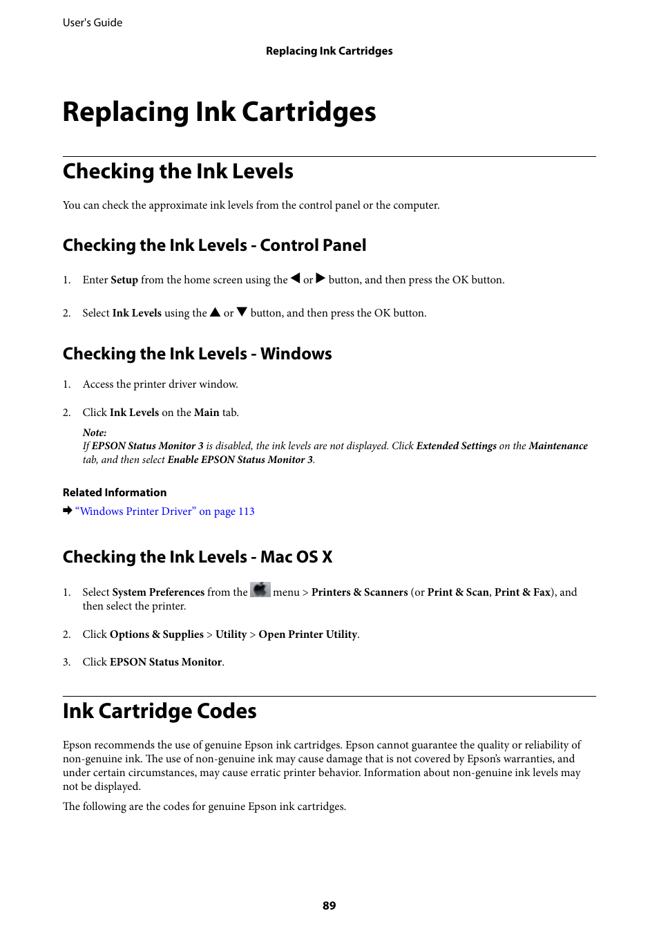 Replacing ink cartridges, Checking the ink levels, Checking the ink levels - control panel | Checking the ink levels - windows, Checking the ink levels - mac os x, Ink cartridge codes | Epson Expression Home XP-342 User Manual | Page 89 / 162