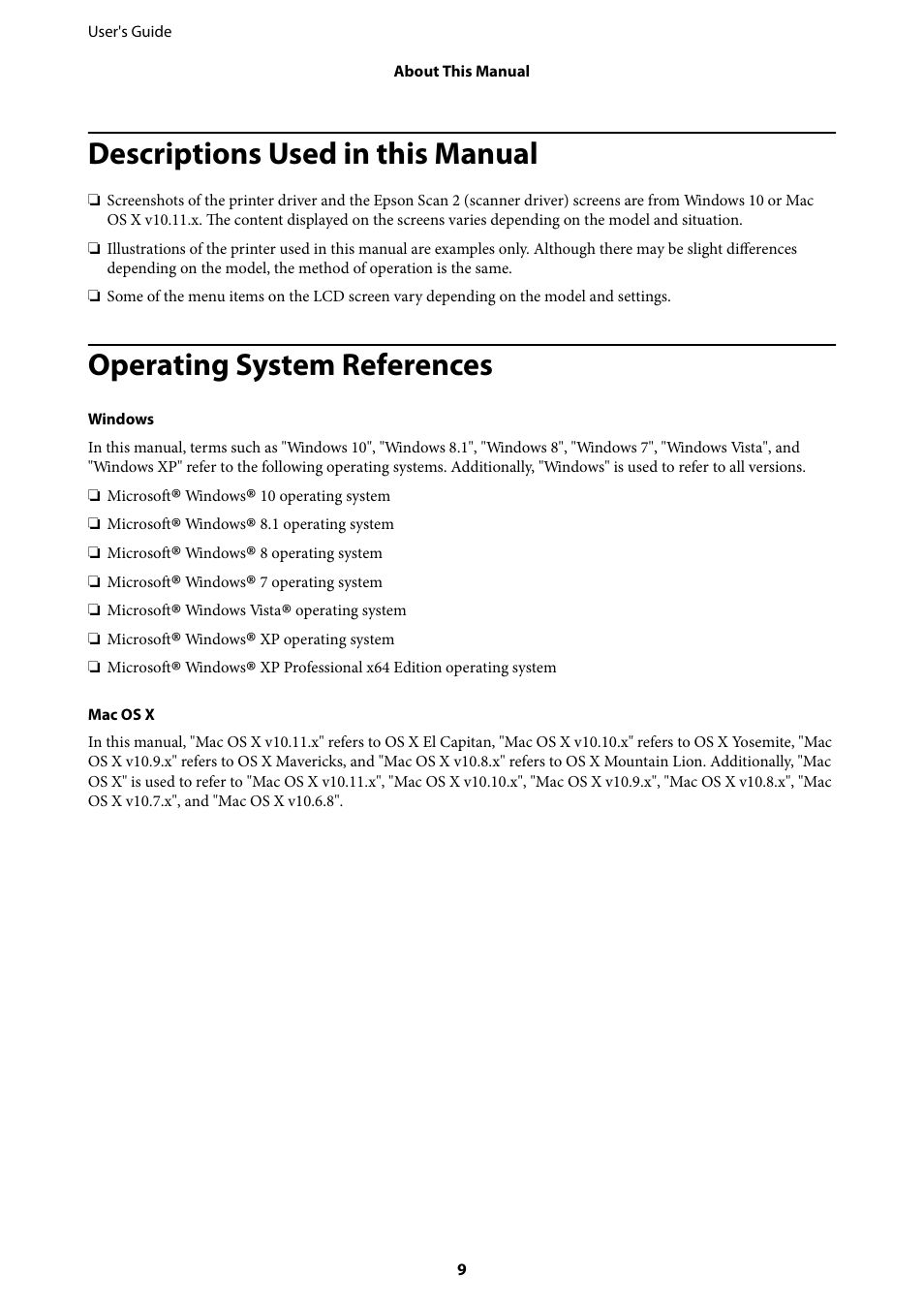 Descriptions used in this manual, Operating system references | Epson Expression Home XP-342 User Manual | Page 9 / 162