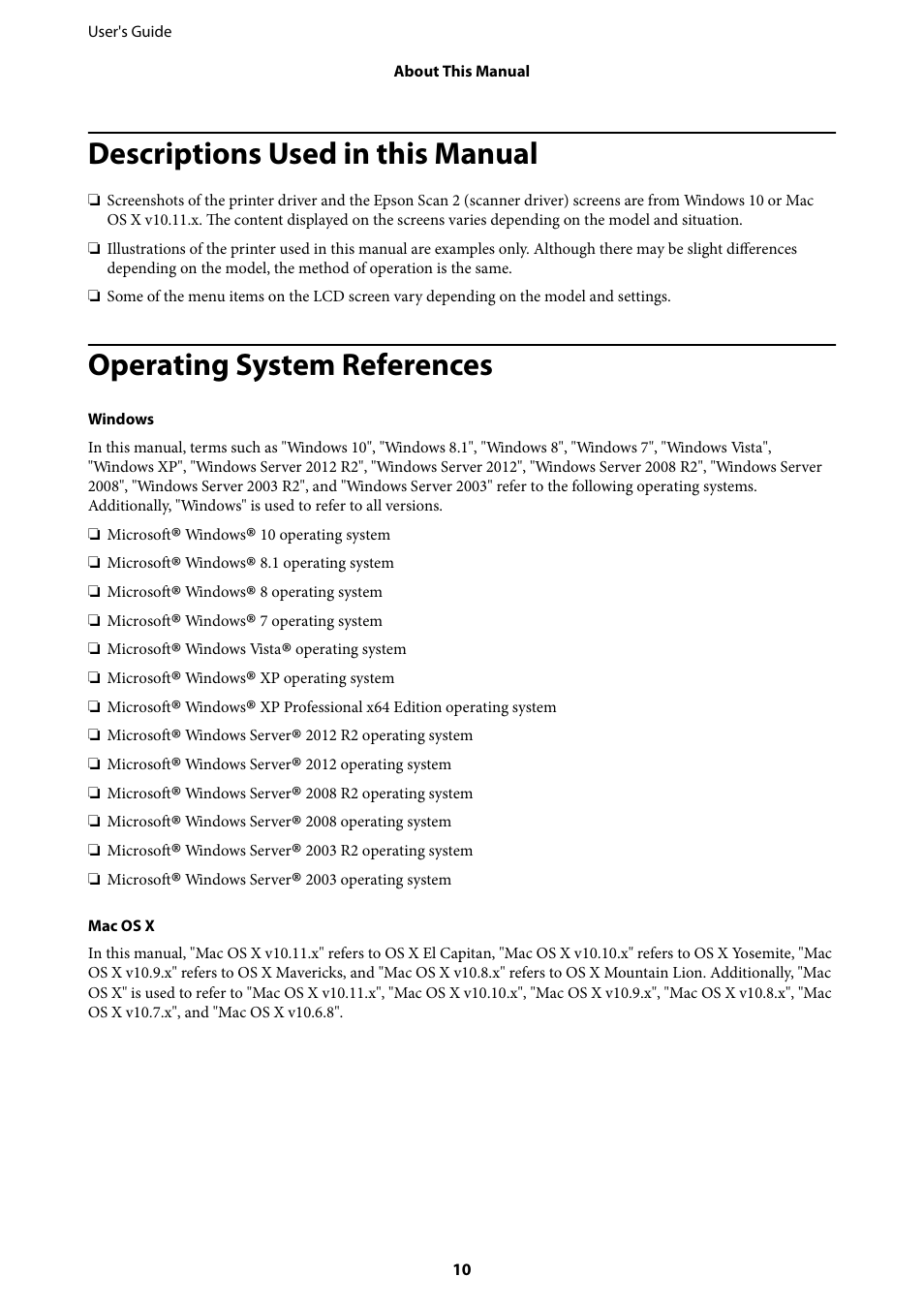 Descriptions used in this manual, Operating system references | Epson L1455 User Manual | Page 10 / 233