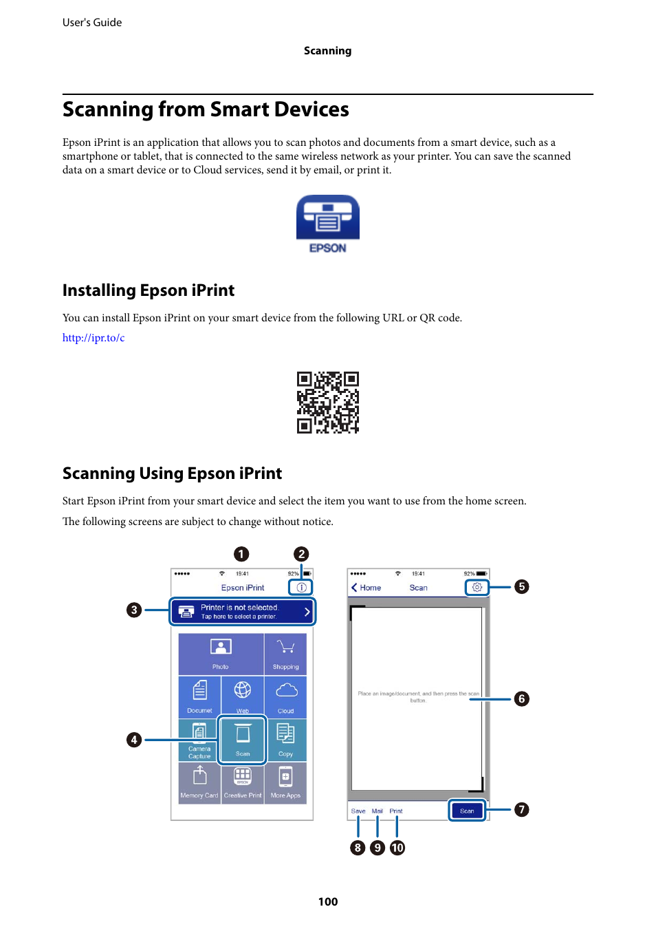 Scanning from smart devices, Installing epson iprint, Scanning using epson iprint | Epson L1455 User Manual | Page 100 / 233