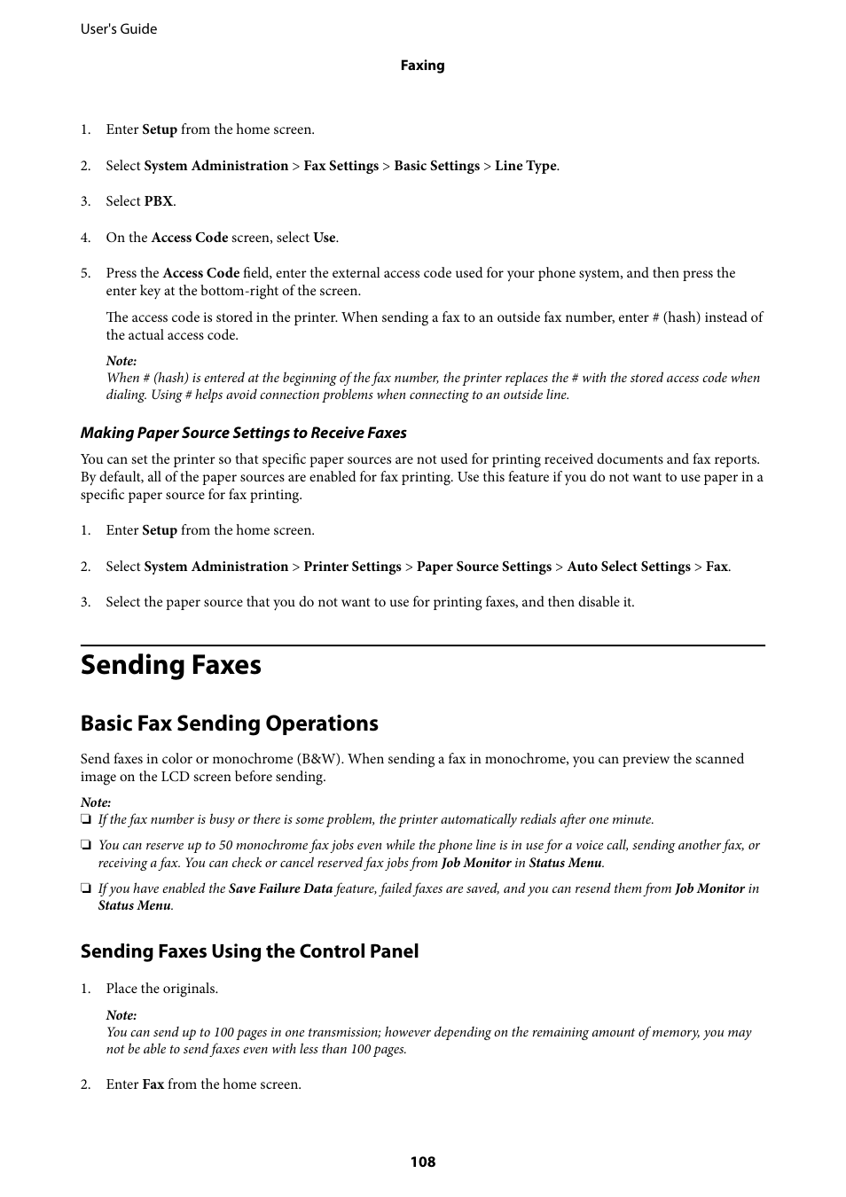 Sending faxes, Basic fax sending operations, Sending faxes using the control panel | Epson L1455 User Manual | Page 108 / 233