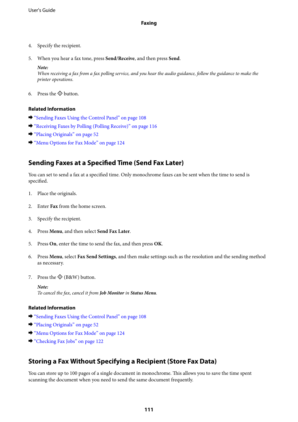 Sending faxes at a specified time (send fax later) | Epson L1455 User Manual | Page 111 / 233