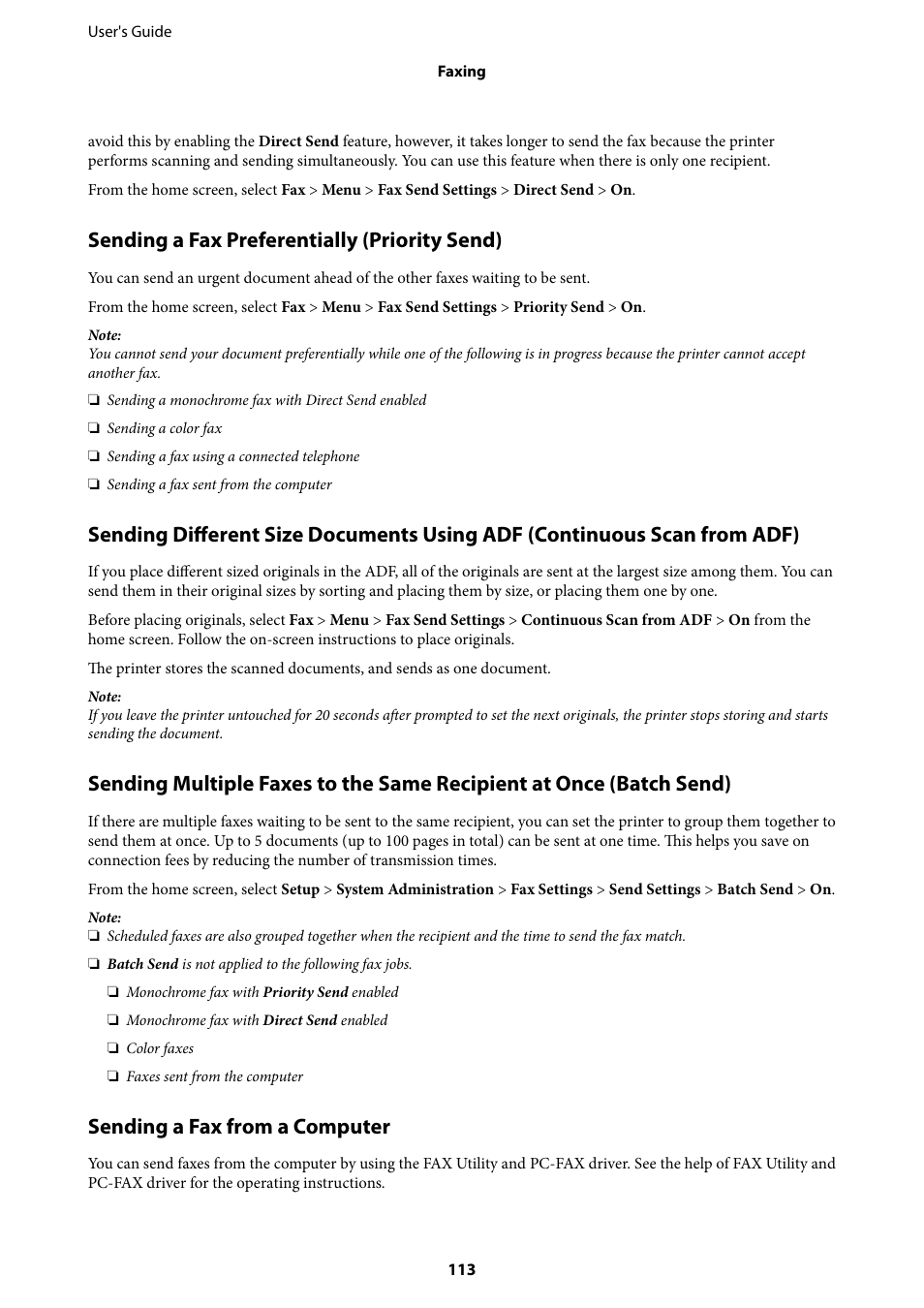 Sending a fax preferentially (priority send), Sending a fax from a computer | Epson L1455 User Manual | Page 113 / 233