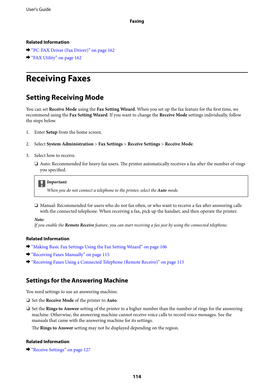 Receiving faxes, Setting receiving mode, Settings for the answering machine | Epson L1455 User Manual | Page 114 / 233