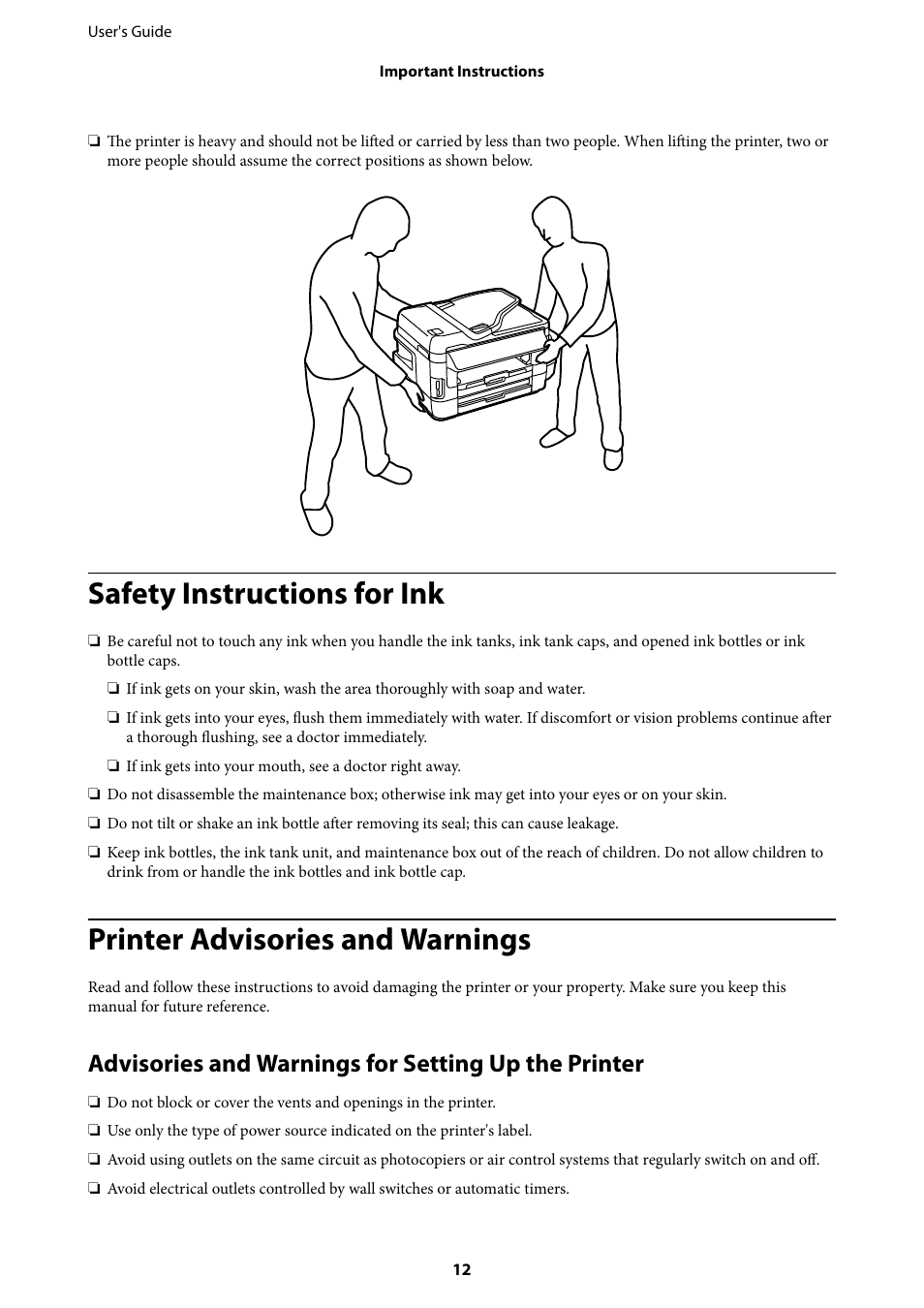 Safety instructions for ink, Printer advisories and warnings, Advisories and warnings for setting up the printer | Epson L1455 User Manual | Page 12 / 233