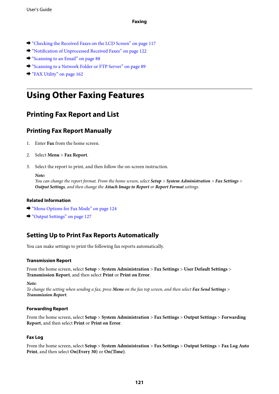 Using other faxing features, Printing fax report and list, Printing fax report manually | Setting up to print fax reports automatically | Epson L1455 User Manual | Page 121 / 233