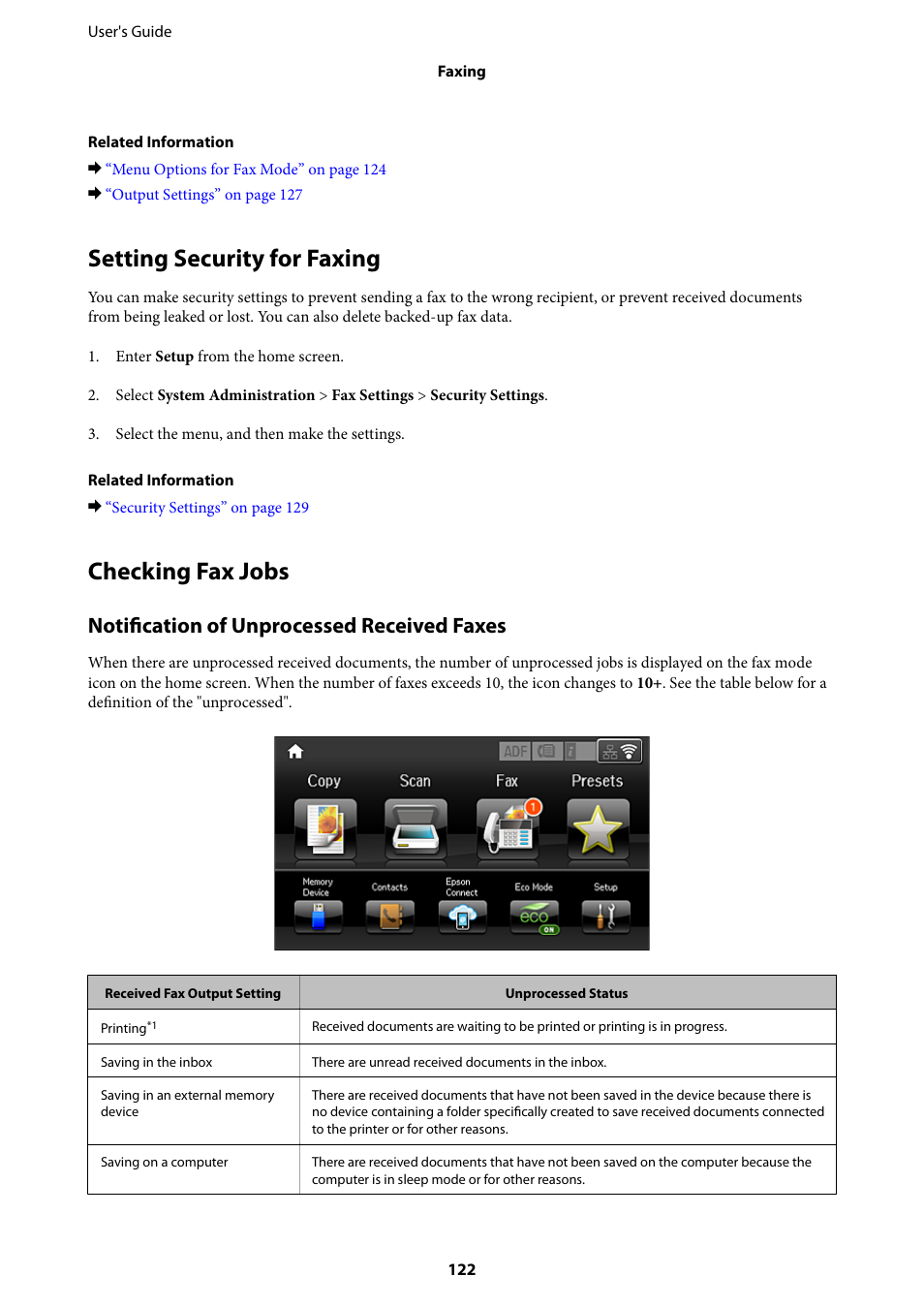 Setting security for faxing, Checking fax jobs, Setting security for faxing checking fax jobs | Notification of unprocessed received faxes | Epson L1455 User Manual | Page 122 / 233