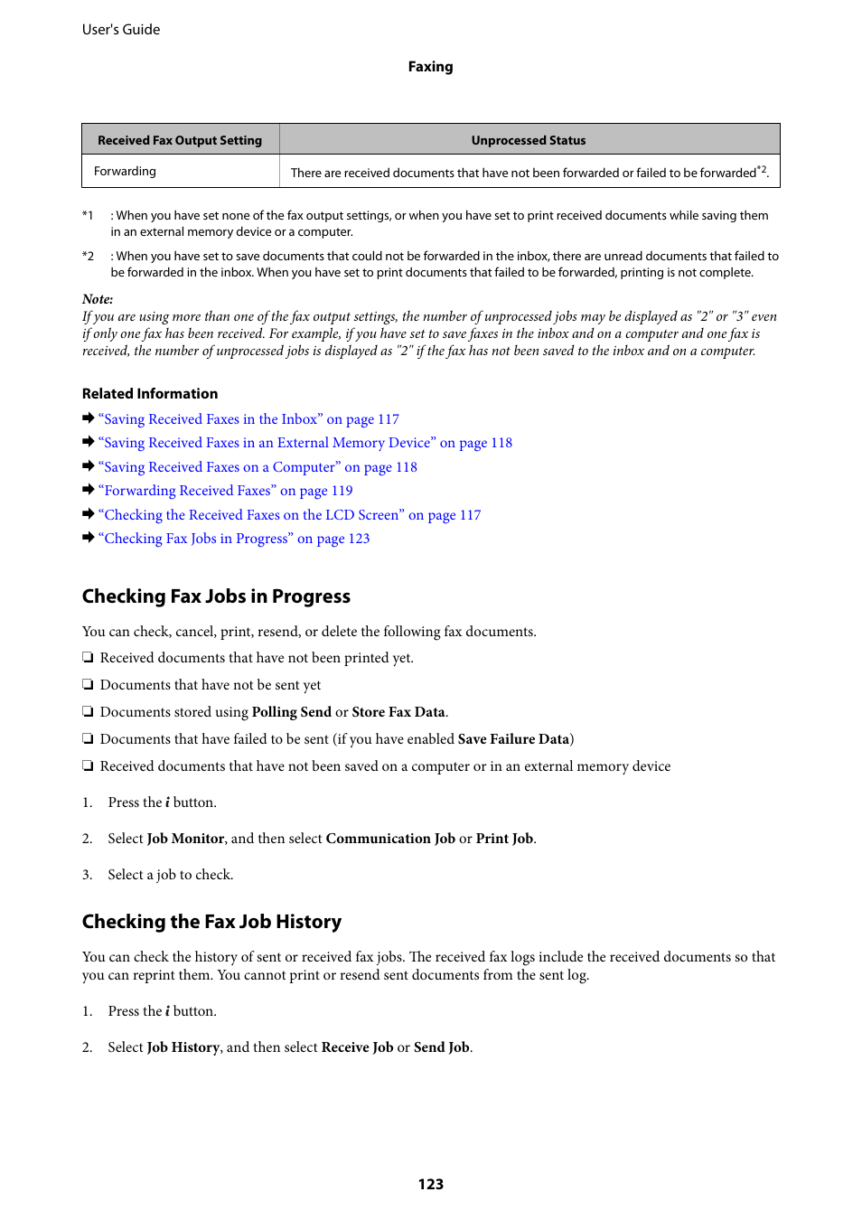Checking fax jobs in progress, Checking the fax job history | Epson L1455 User Manual | Page 123 / 233