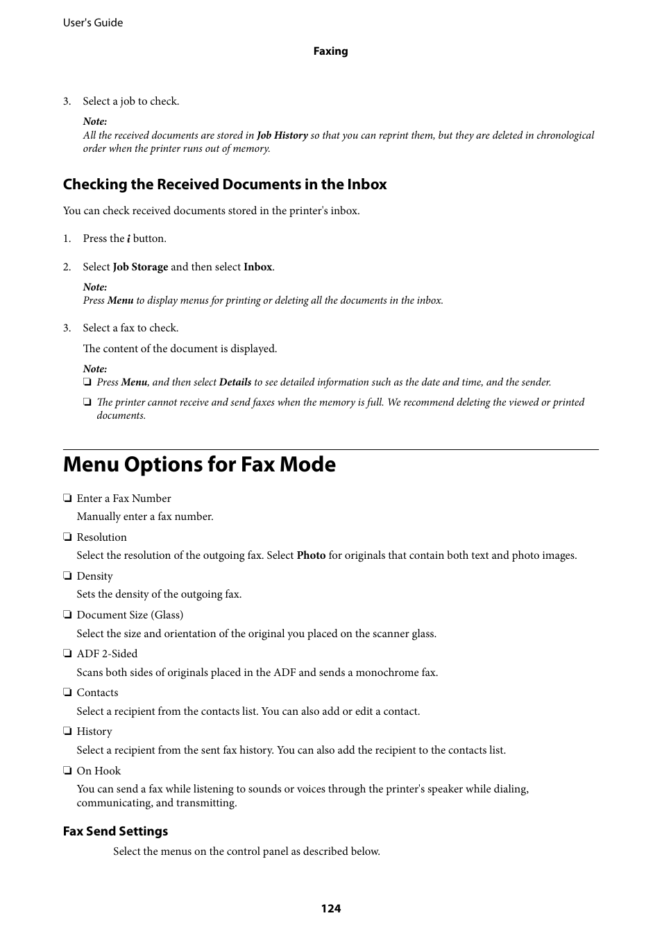 Menu options for fax mode, Checking the received documents in the inbox | Epson L1455 User Manual | Page 124 / 233