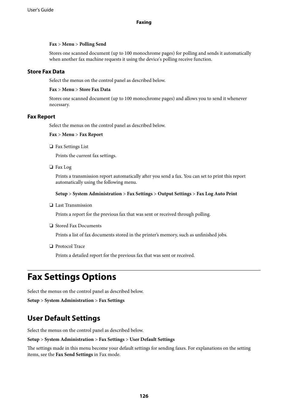 Fax settings options, User default settings | Epson L1455 User Manual | Page 126 / 233