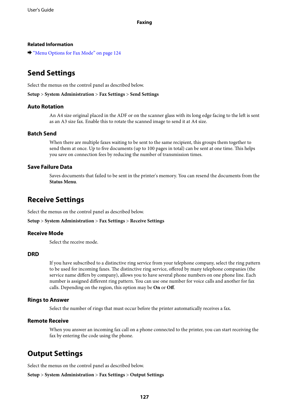 Send settings, Receive settings, Output settings | Send settings receive settings output settings | Epson L1455 User Manual | Page 127 / 233