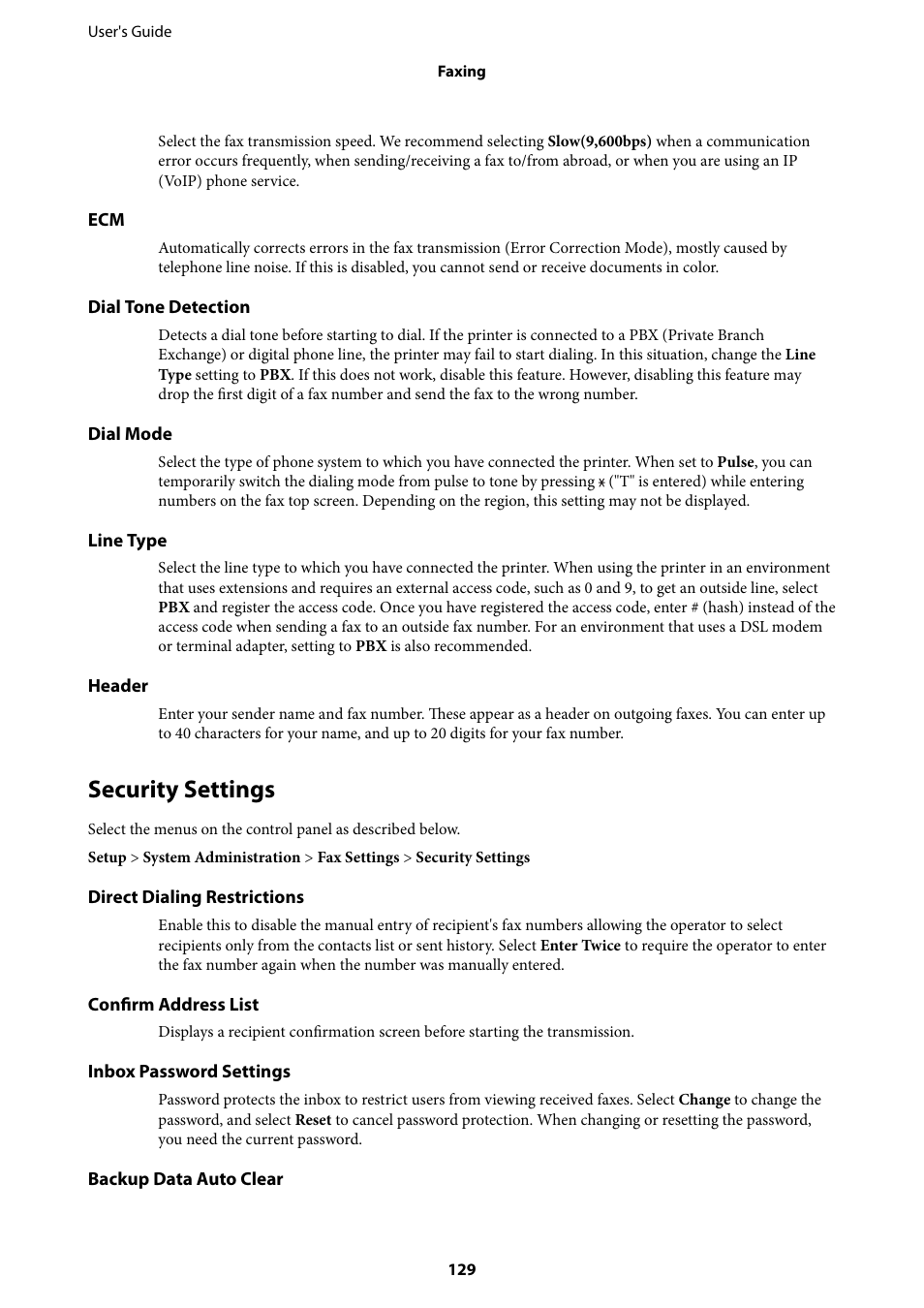 Security settings | Epson L1455 User Manual | Page 129 / 233